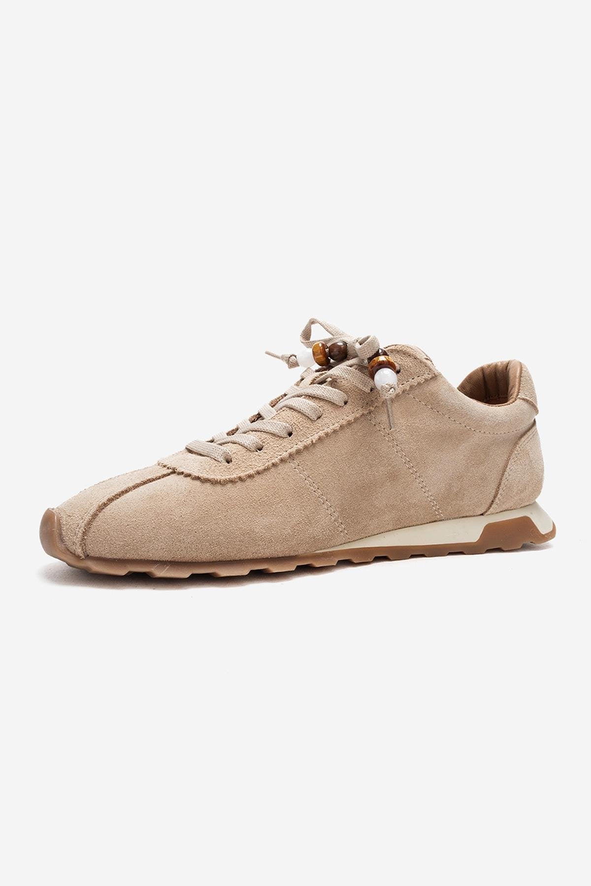 BREA - Beige Genuine Suede Leather Sneaker – heel view showing leather, suede, Vowalisse