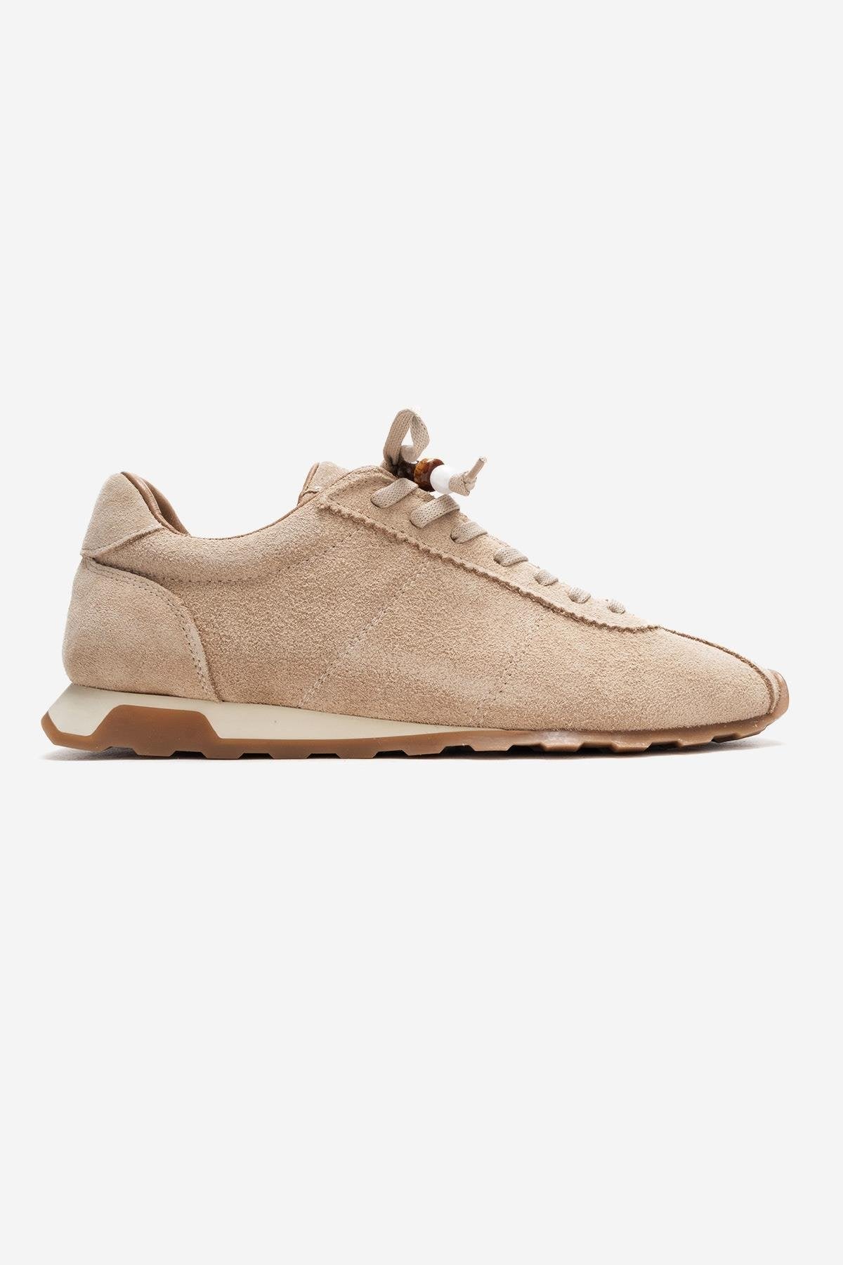 BREA - Beige Genuine Suede Leather Sneaker – top view showing leather, suede, Vowalisse