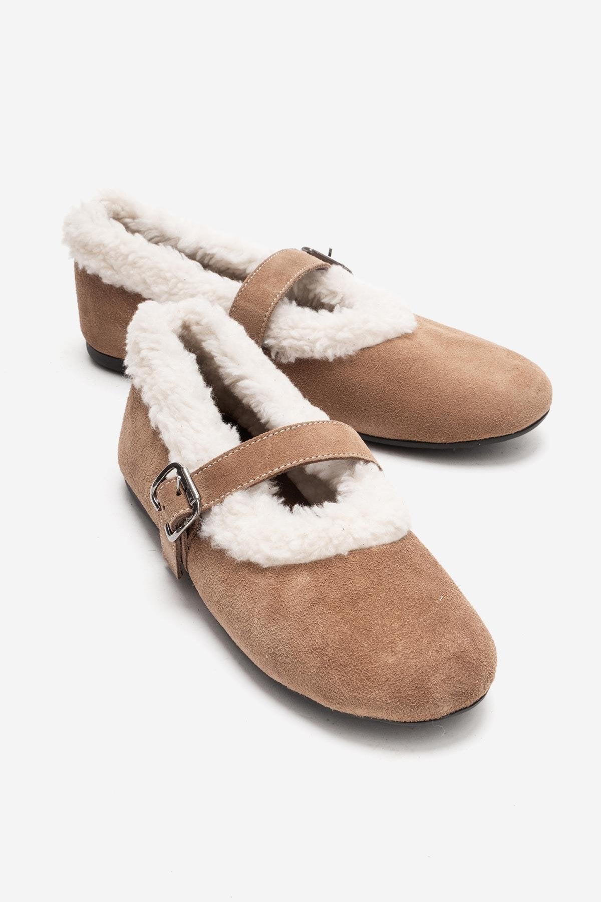 GUIN - Taupe Genuine Suede Leather Ballet Flat – front three-quarter view showing leather, suede, red, Vowalisse