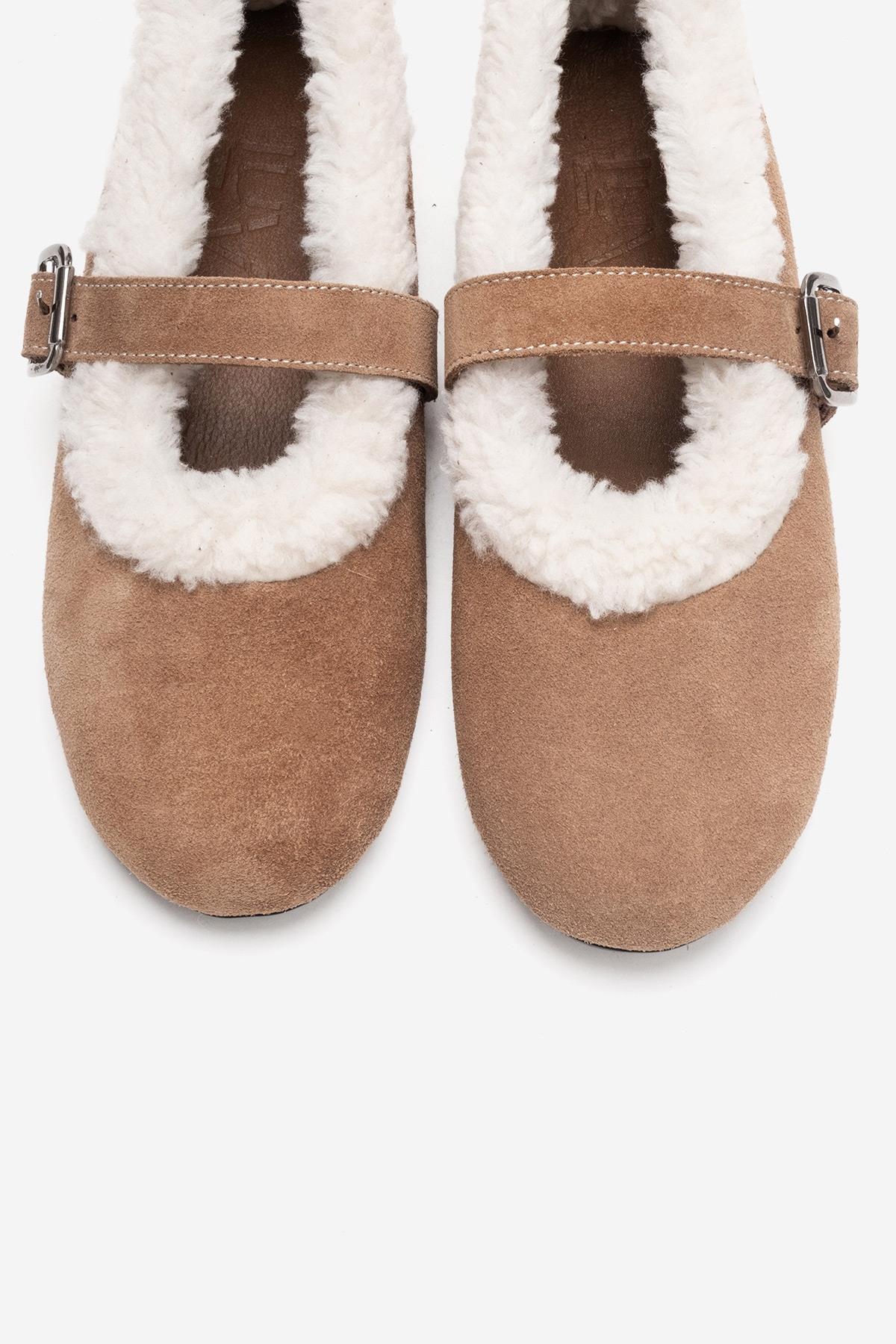 GUIN - Taupe Genuine Suede Leather Ballet Flat – side view showing leather, suede, red, Vowalisse