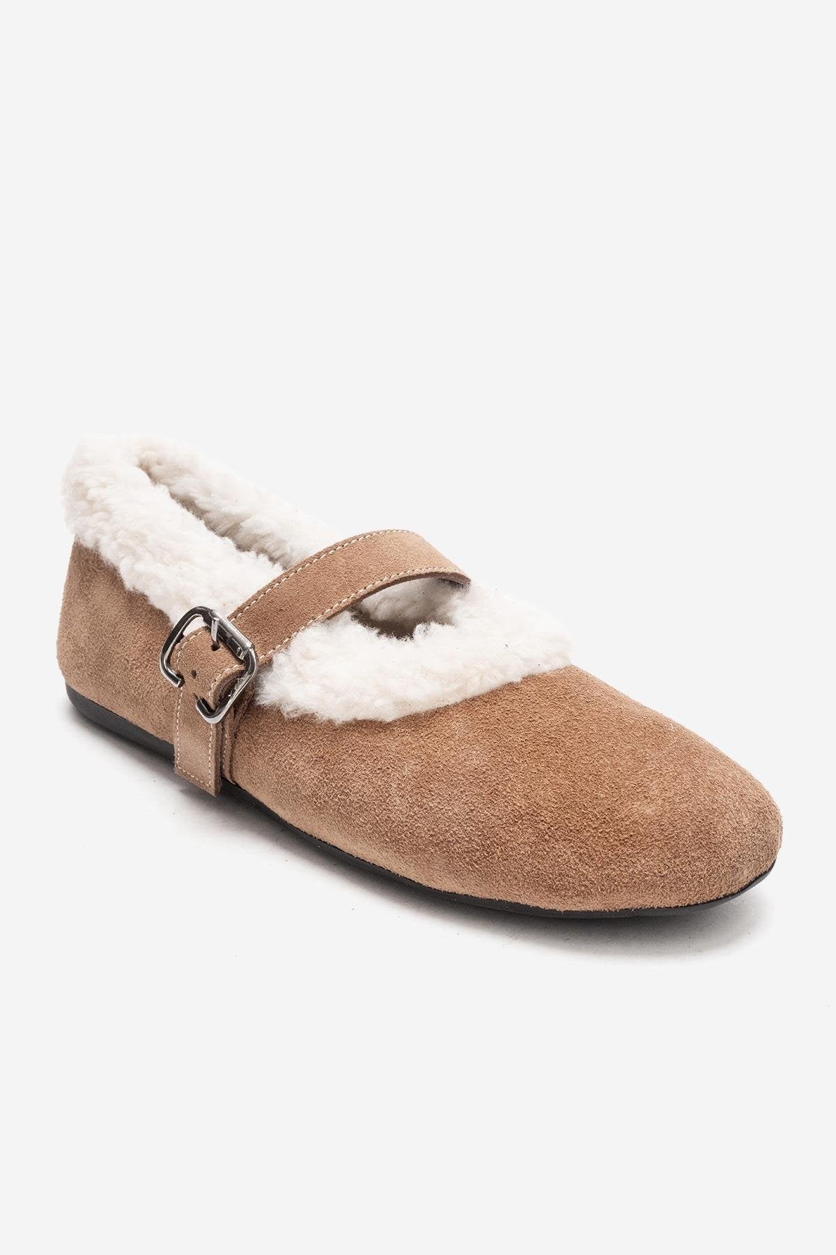 GUIN - Taupe Genuine Suede Leather Ballet Flat – detail view showing leather, suede, red, Vowalisse
