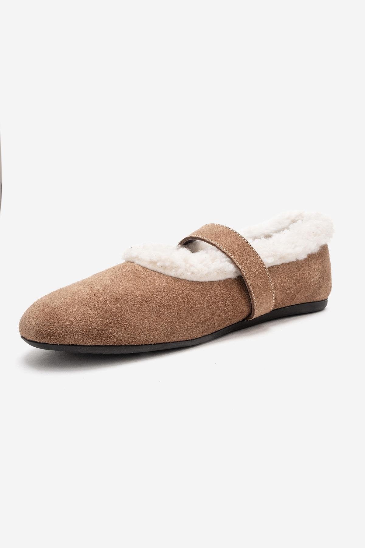 GUIN - Taupe Genuine Suede Leather Ballet Flat – heel view showing leather, suede, red, Vowalisse