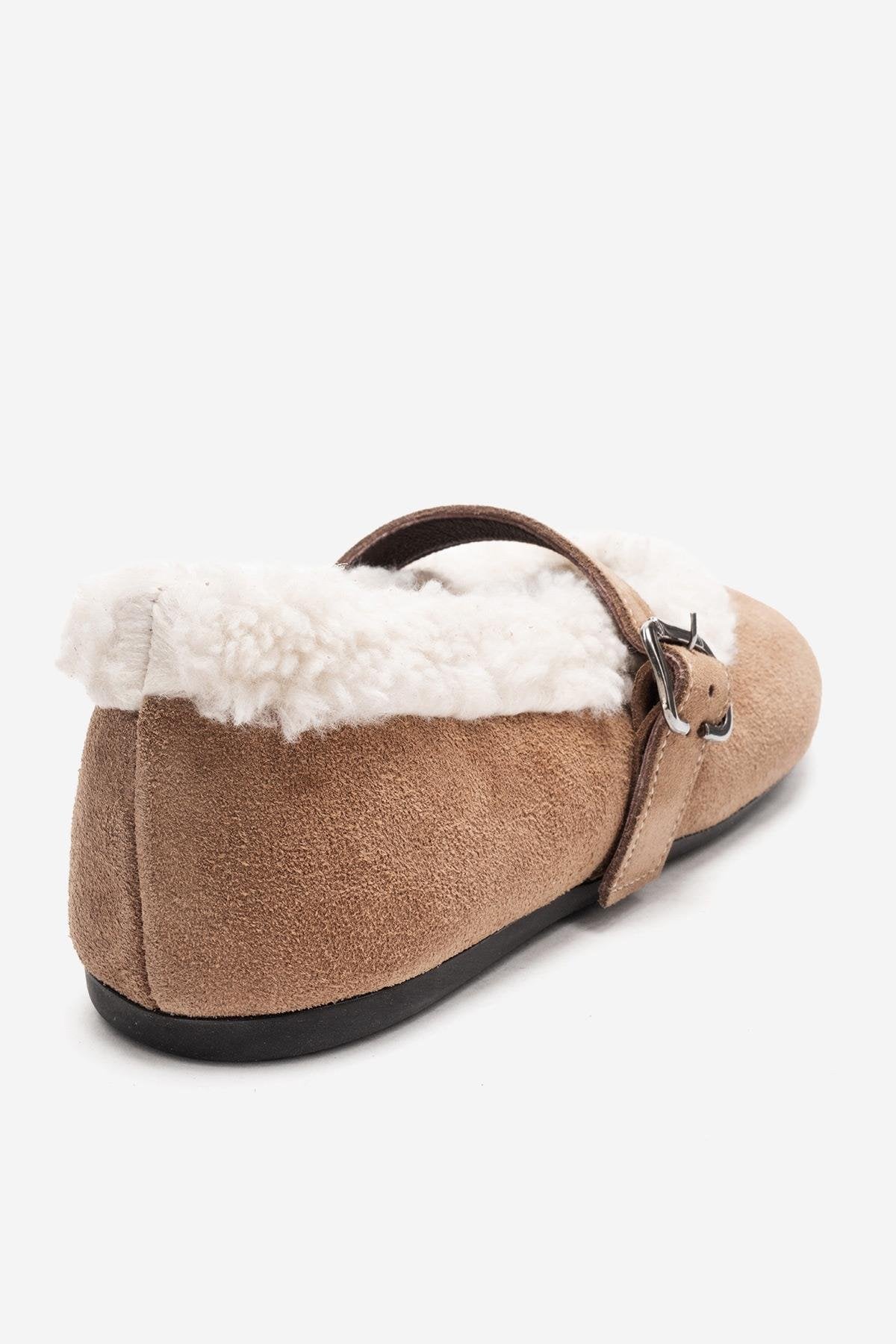 GUIN - Taupe Genuine Suede Leather Ballet Flat – back view showing leather, suede, red, Vowalisse