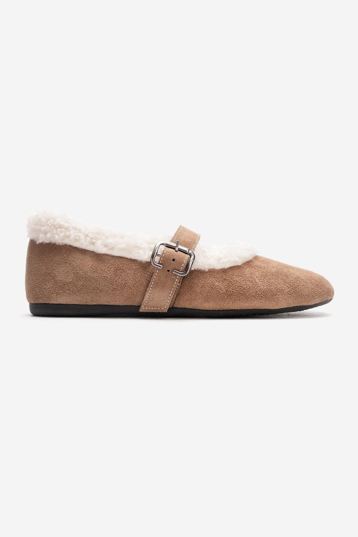 GUIN - Taupe Genuine Suede Leather Ballet Flat – top view showing leather, suede, red, Vowalisse
