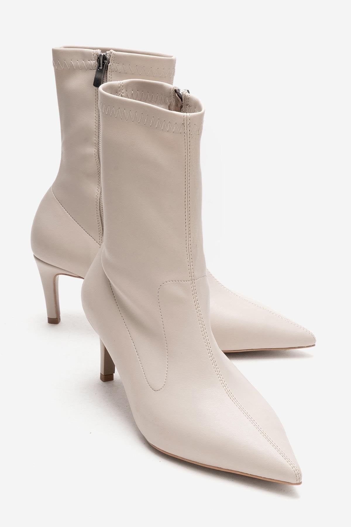 ROSSANO - Beige Stretch Stiletto Heel Boot – front three-quarter view showing elegant detailing, Vowalisse