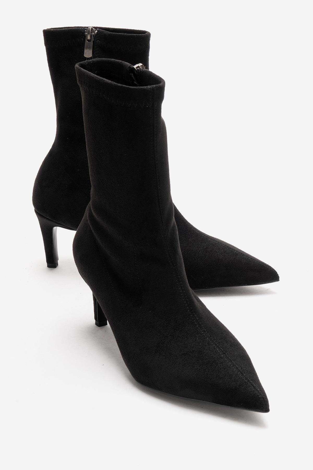 ROSSANO - Black Suede Stiletto Heel Boot – front three-quarter view showing velvet, suede, black, Vowalisse