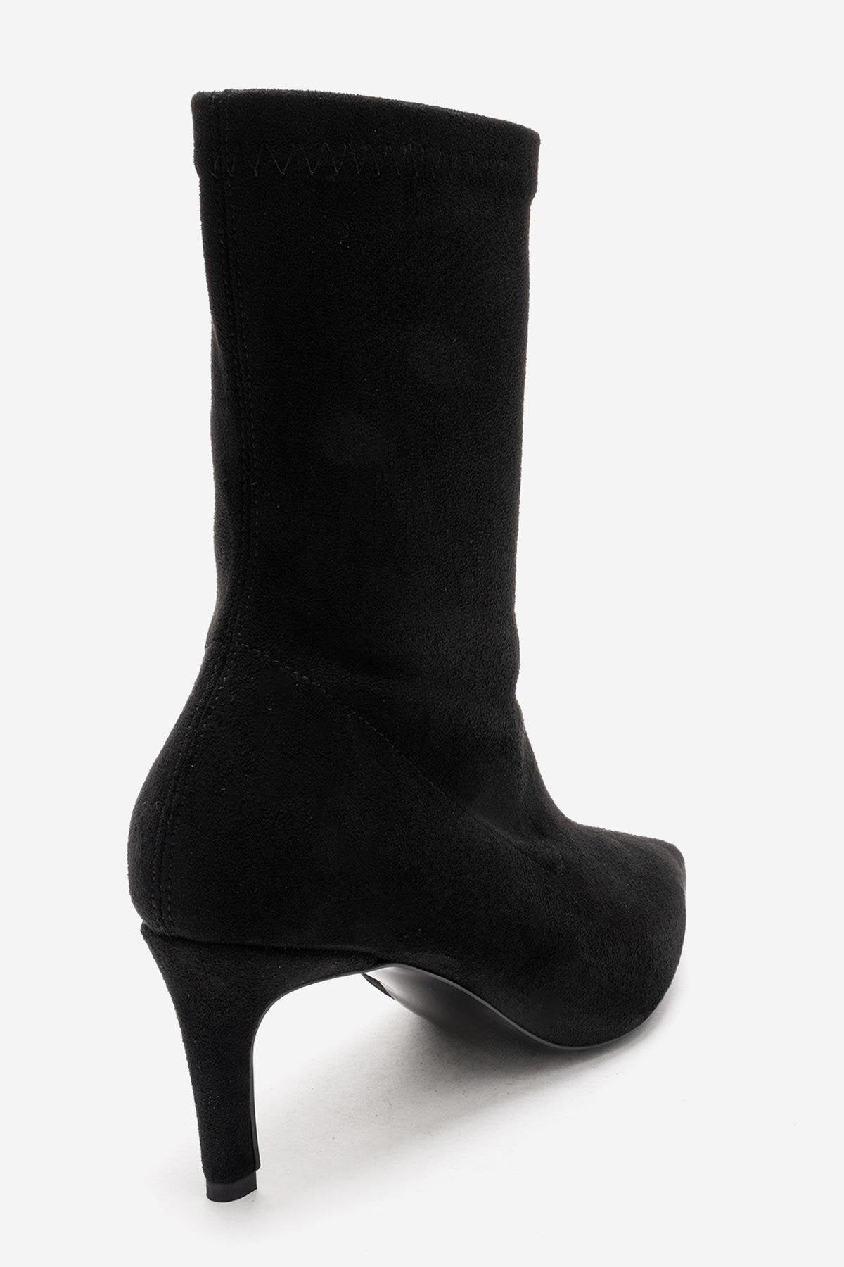 ROSSANO - Black Suede Stiletto Heel Boot – heel view showing velvet, suede, black, Vowalisse