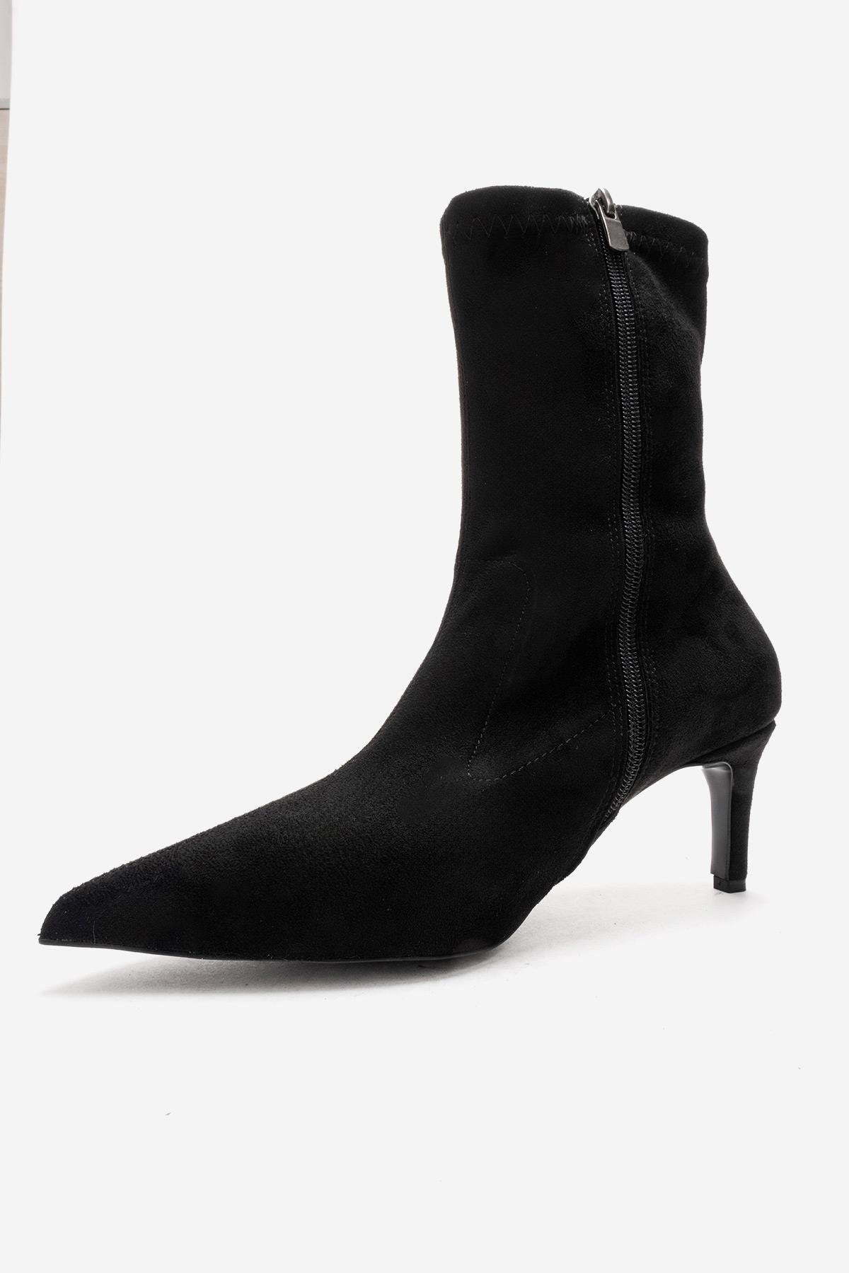 ROSSANO - Black Suede Stiletto Heel Boot – top view showing velvet, suede, black, Vowalisse