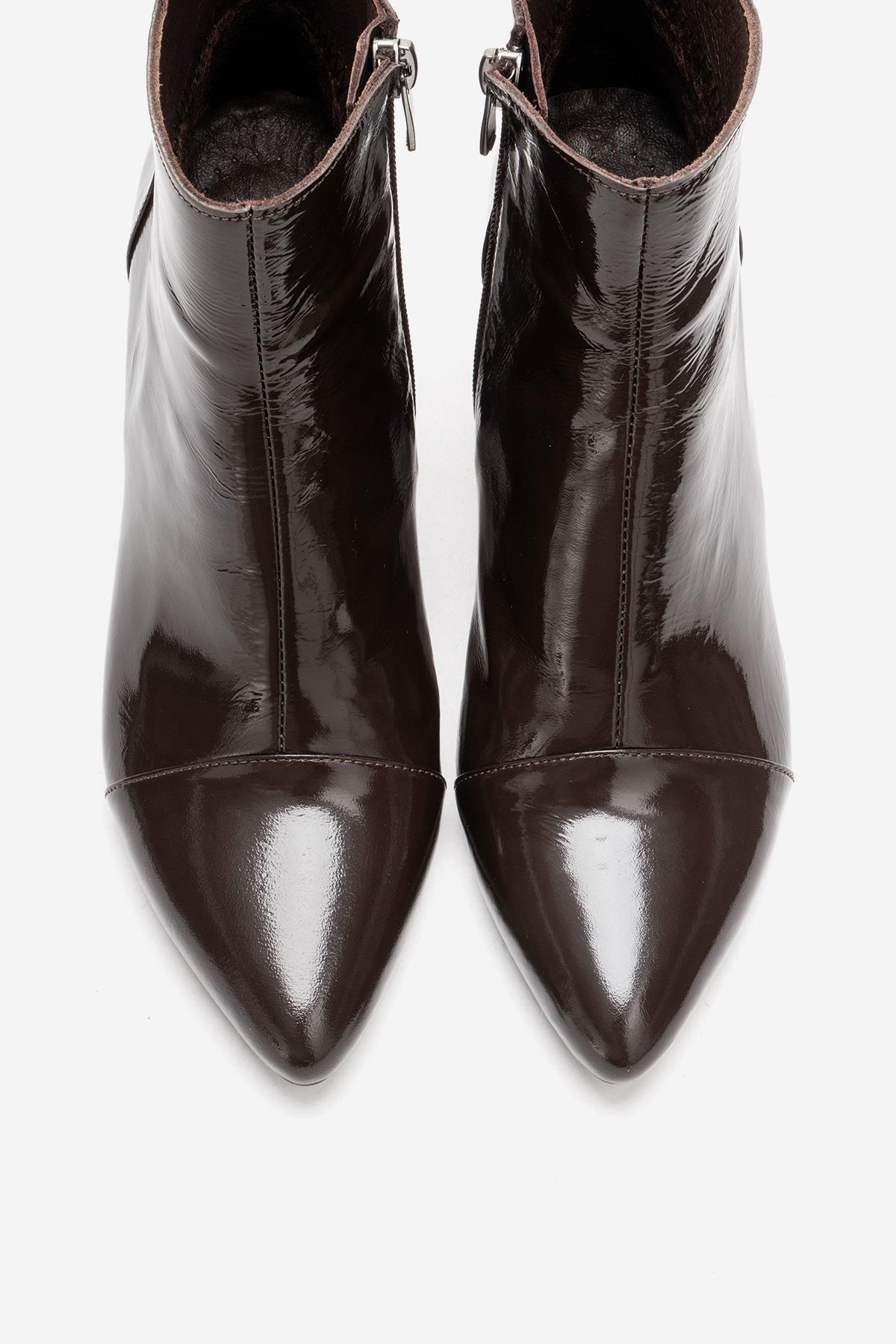 GAEL - Brown Crinkled Patent Genuine Leather Block Heel Boot – side view showing leather, red, Vowalisse