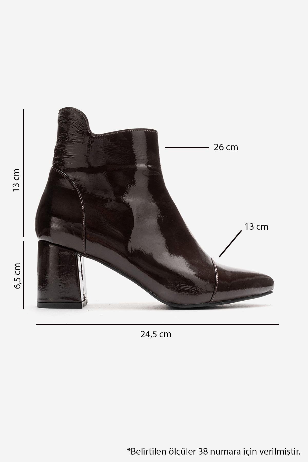 GAEL - Brown Crinkled Patent Genuine Leather Block Heel Boot – detail view showing leather, red, Vowalisse