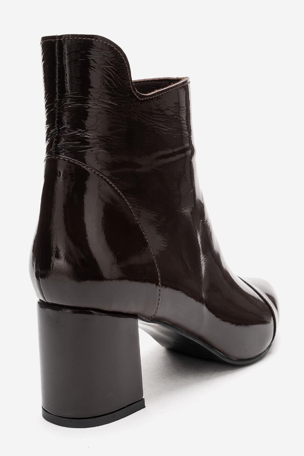 GAEL - Brown Crinkled Patent Genuine Leather Block Heel Boot – heel view showing leather, red, Vowalisse