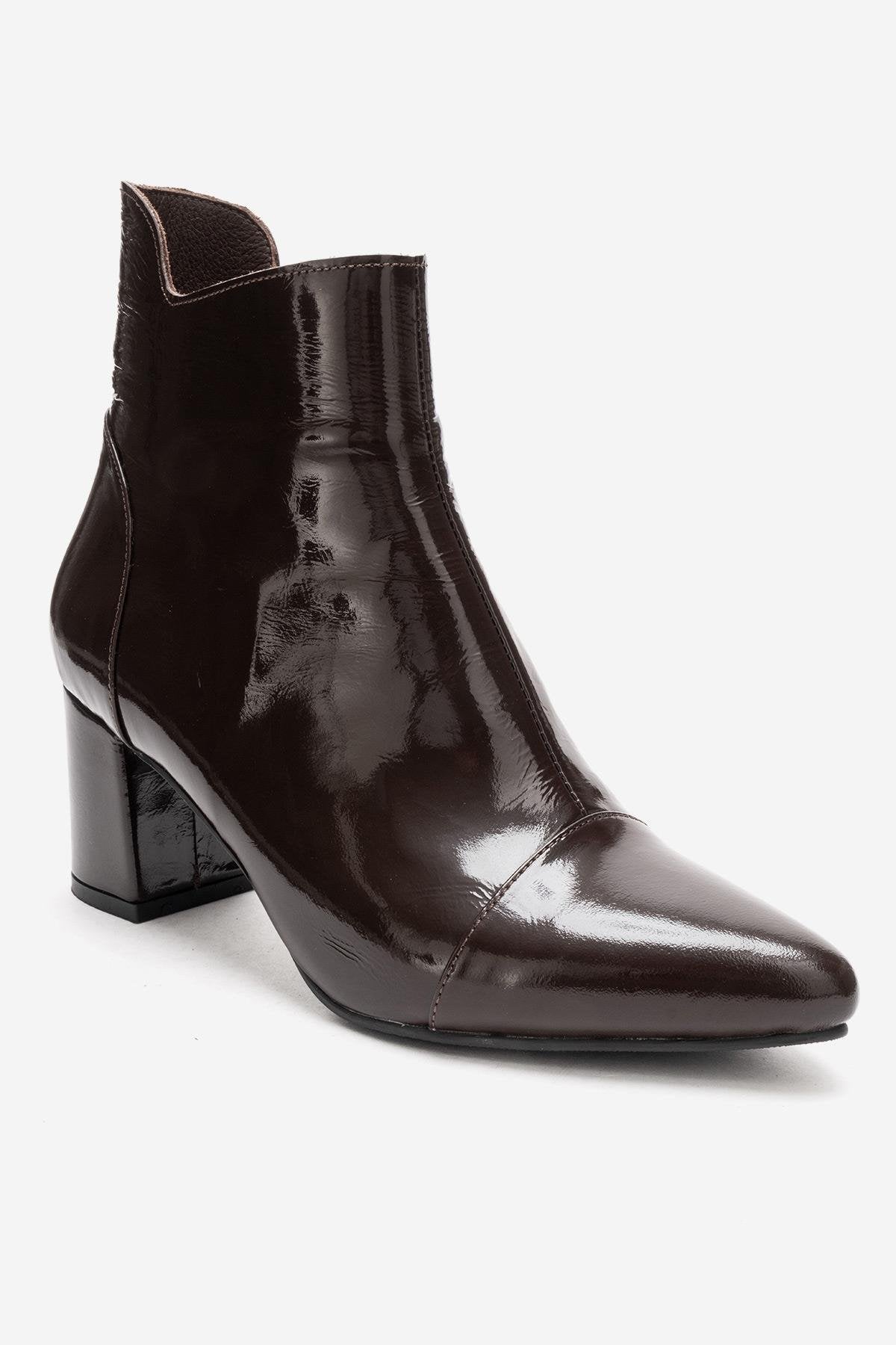 GAEL - Brown Crinkled Patent Genuine Leather Block Heel Boot – back view showing leather, red, Vowalisse