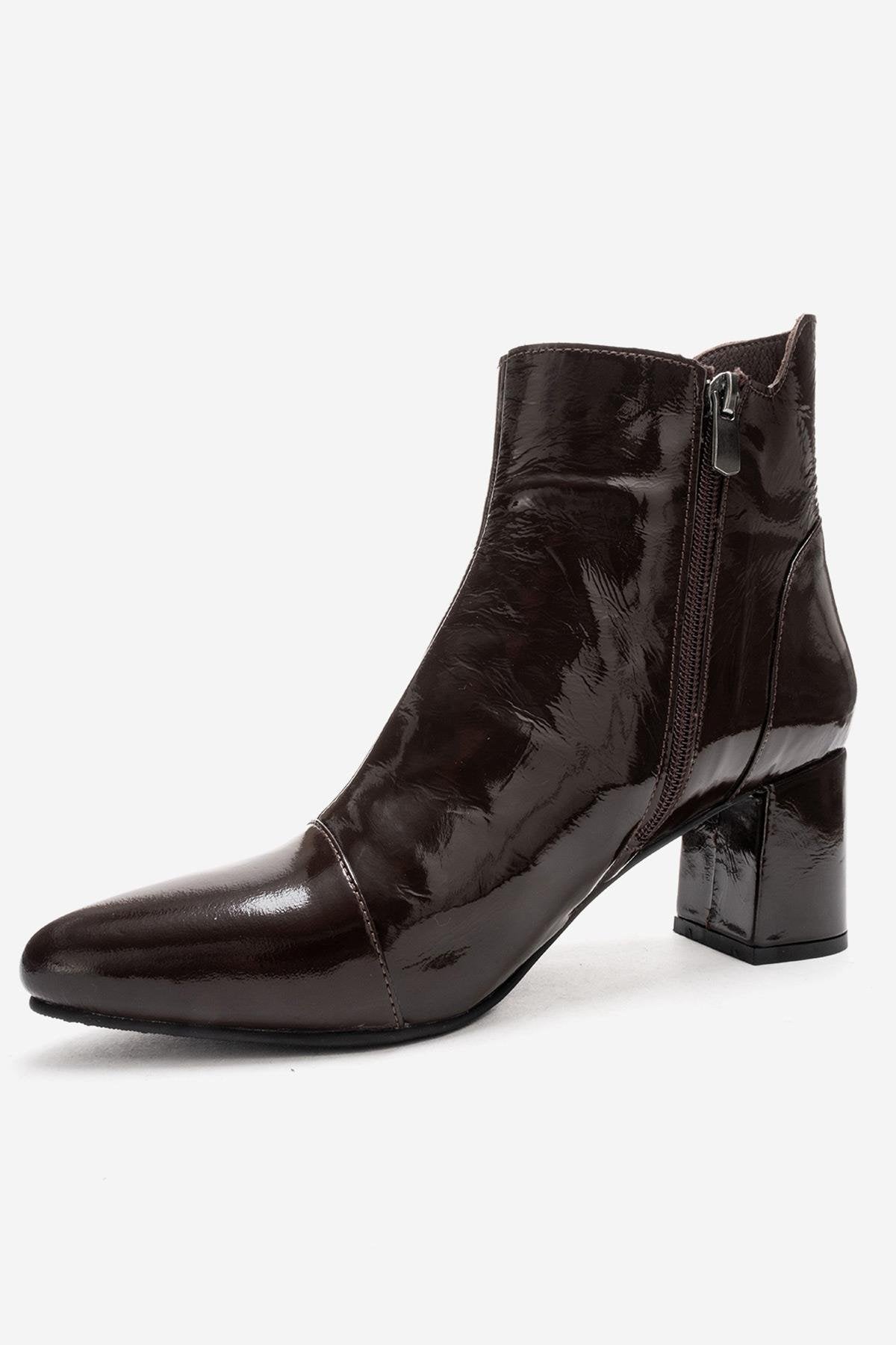 GAEL - Brown Crinkled Patent Genuine Leather Block Heel Boot – top view showing leather, red, Vowalisse