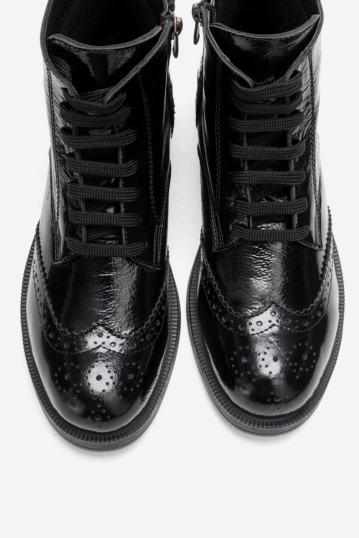 NELVY - Black Patent Genuine Leather Flat Boot – side view showing leather, black, Vowalisse