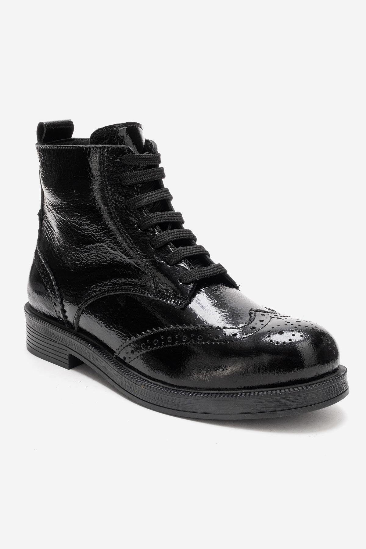 NELVY - Black Patent Genuine Leather Flat Boot – back view showing leather, black, Vowalisse