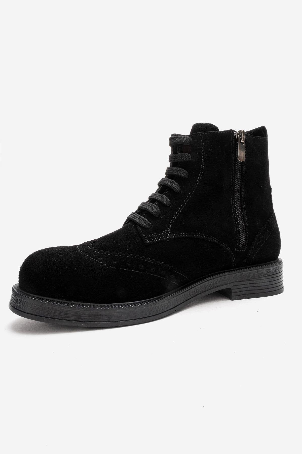 NELVY - Black Genuine Leather Boot – top view showing leather, suede, black, Vowalisse
