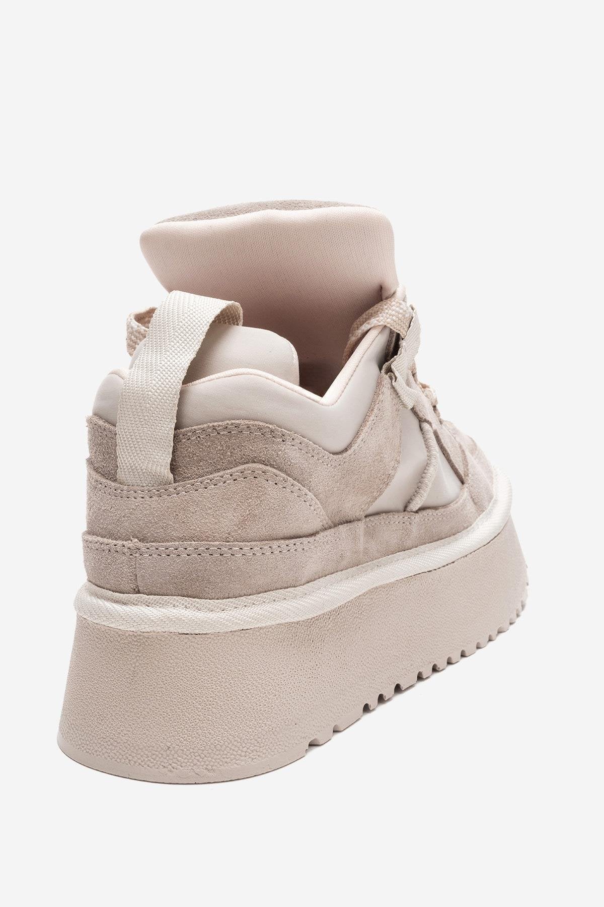 RIVEN - Beige Genuine Leather Platform Sneaker – back view showing leather, suede, Vowalisse