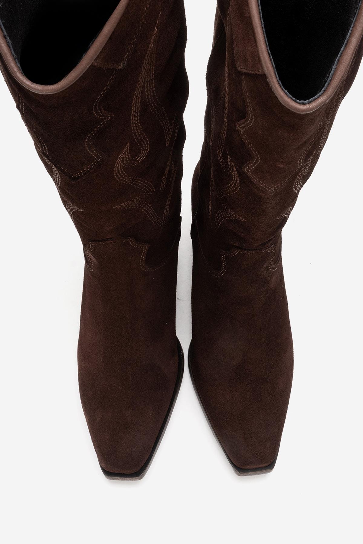 PIETRO - Brown Genuine Suede Block Heel Western Boot – side view showing leather, suede, Vowalisse