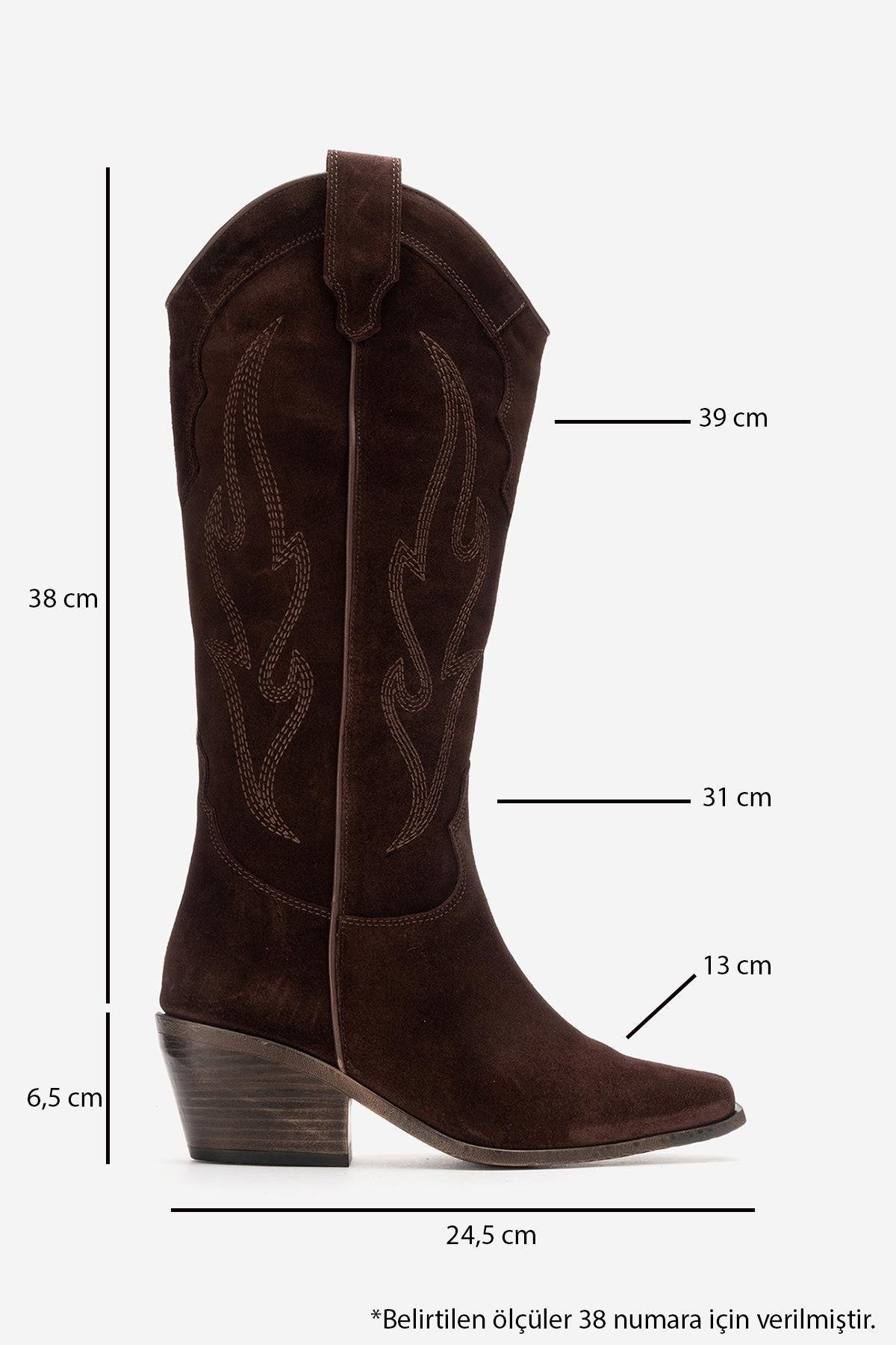 PIETRO - Brown Genuine Suede Block Heel Western Boot – detail view showing leather, suede, Vowalisse