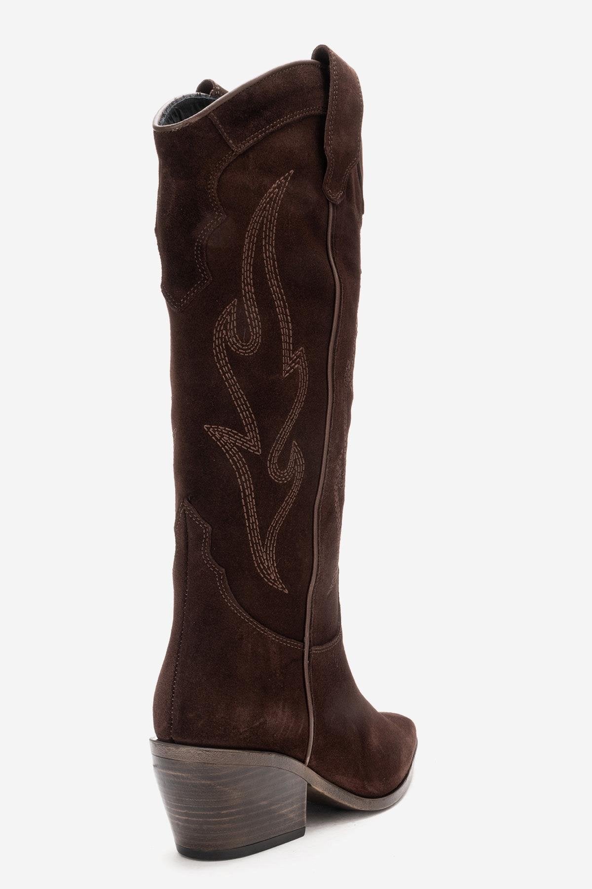 PIETRO - Brown Genuine Suede Block Heel Western Boot – sole view showing leather, suede, Vowalisse