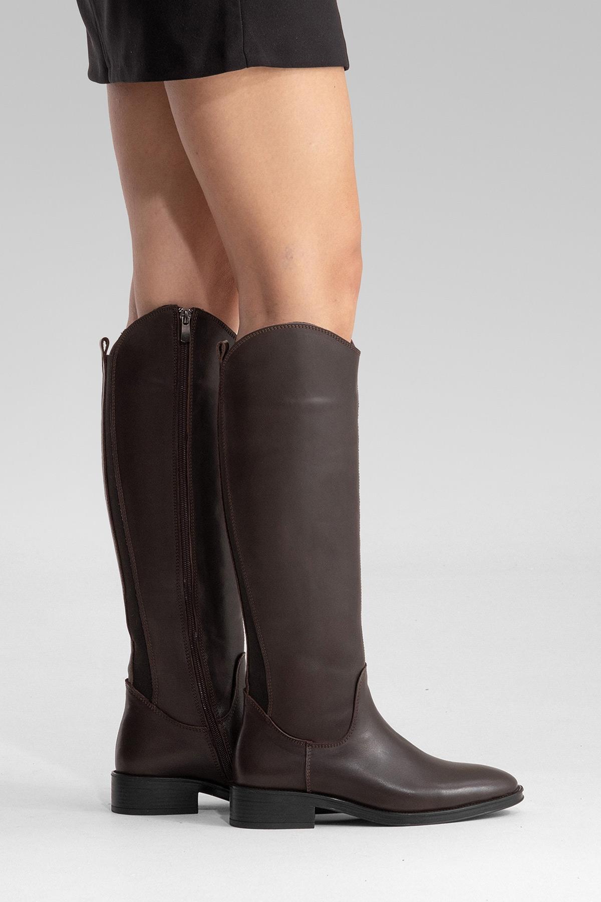 RUIZ - Brown Genuine Leather Low Heel Knee-High Boot – back view showing leather, Vowalisse