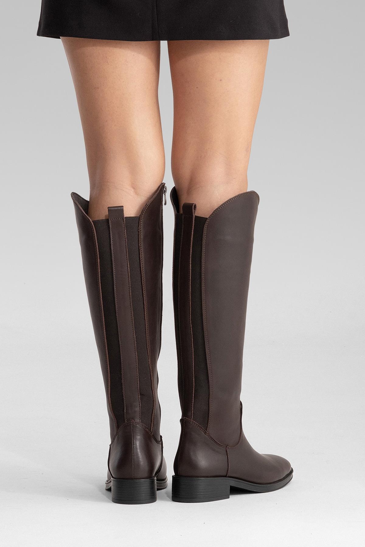 RUIZ - Brown Genuine Leather Low Heel Knee-High Boot – top view showing leather, Vowalisse