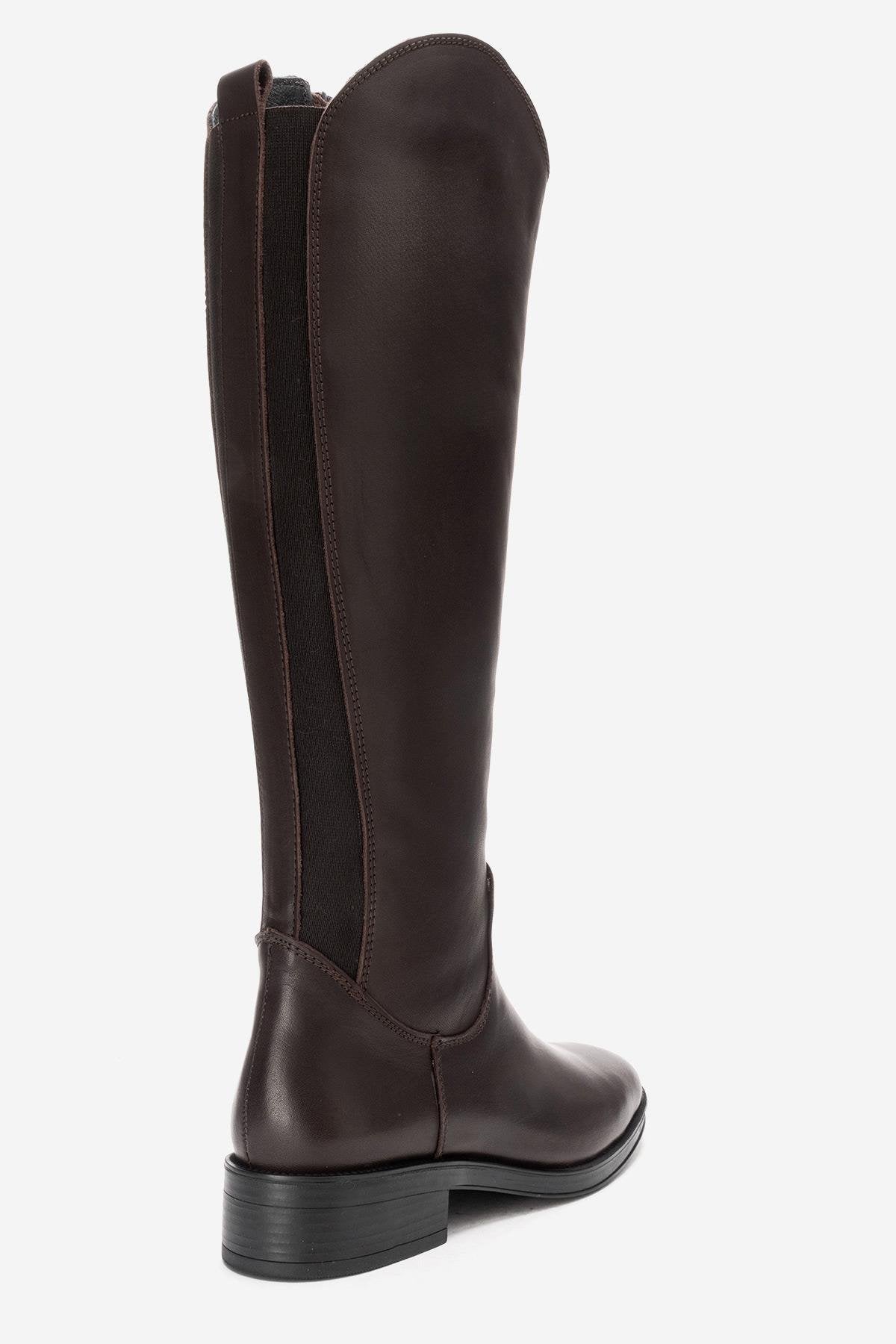 RUIZ - Brown Genuine Leather Low Heel Knee-High Boot – sole view showing leather, Vowalisse