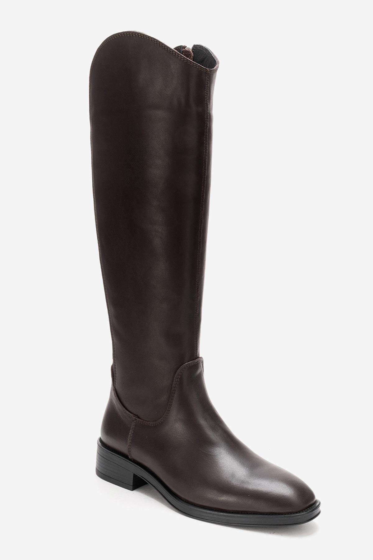RUIZ - Brown Genuine Leather Low Heel Knee-High Boot – pair view showing leather, Vowalisse