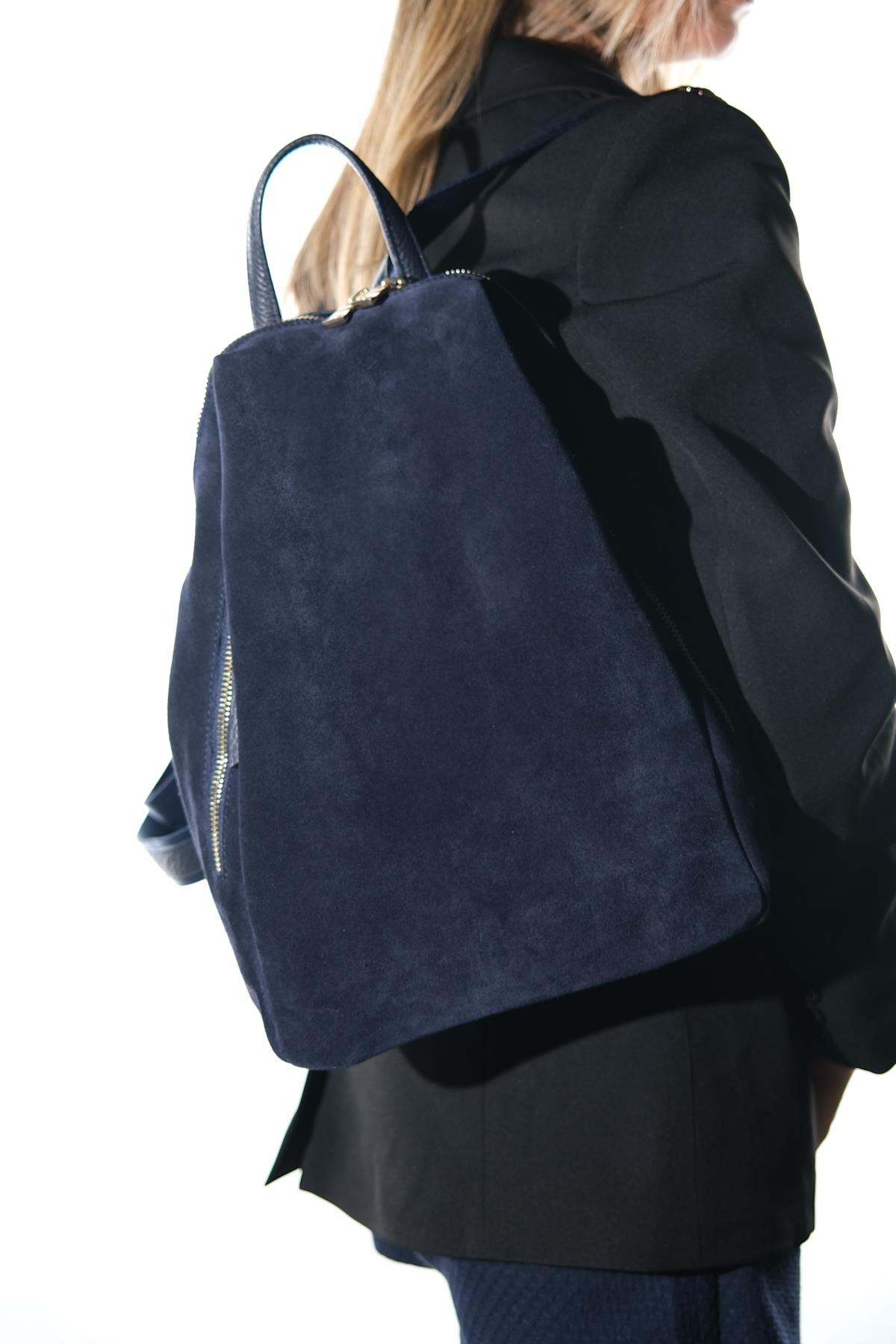 JOSH - Navy Genuine Suede Leather Backpack – front three-quarter view showing leather, suede, red, Vowalisse