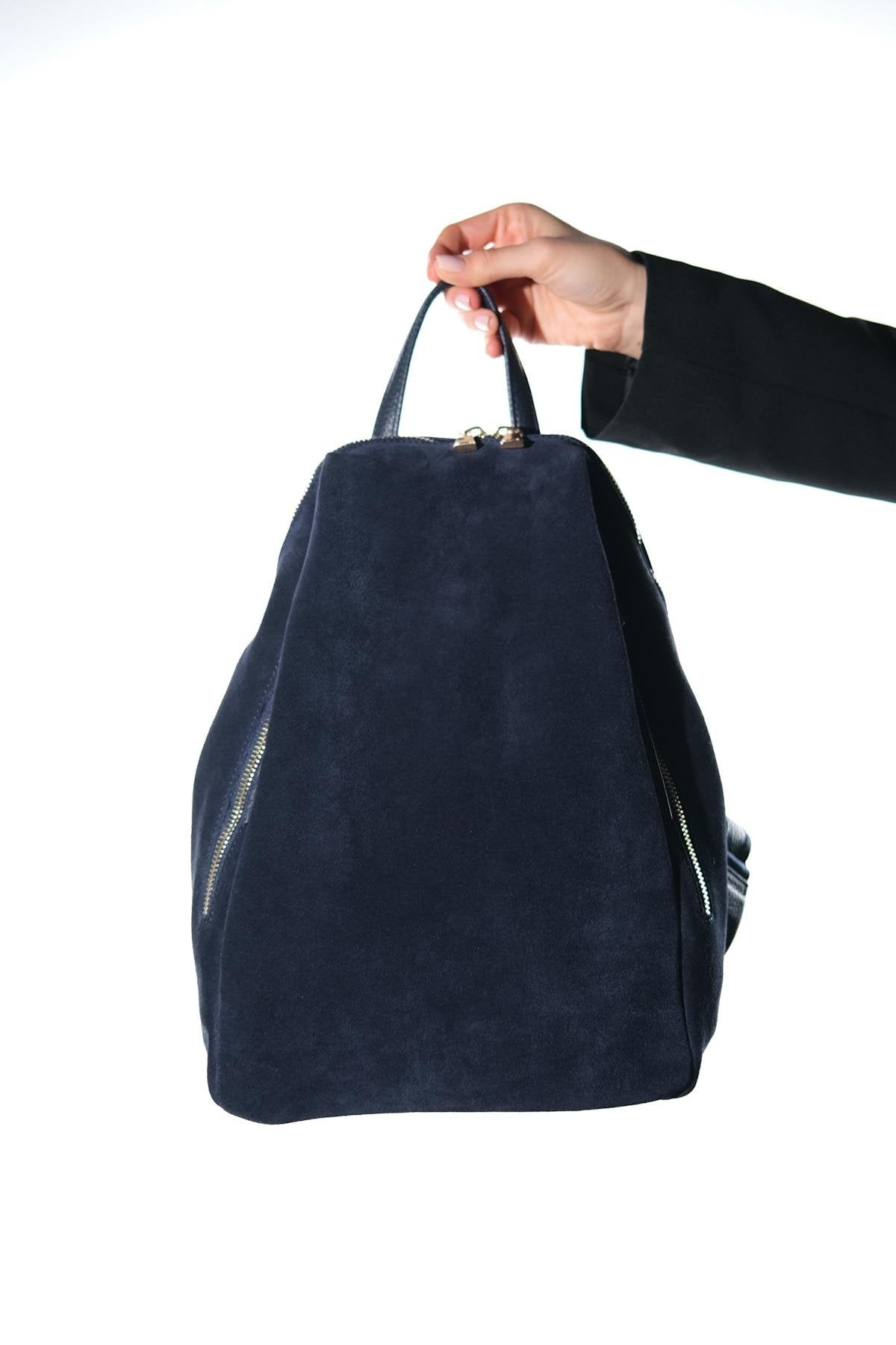 JOSH - Navy Genuine Suede Leather Backpack – side view showing leather, suede, red, Vowalisse