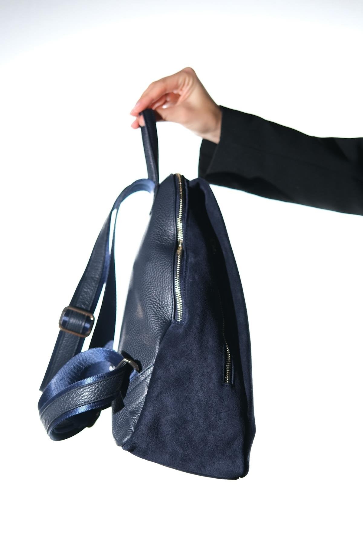 JOSH - Navy Genuine Suede Leather Backpack – detail view showing leather, suede, red, Vowalisse