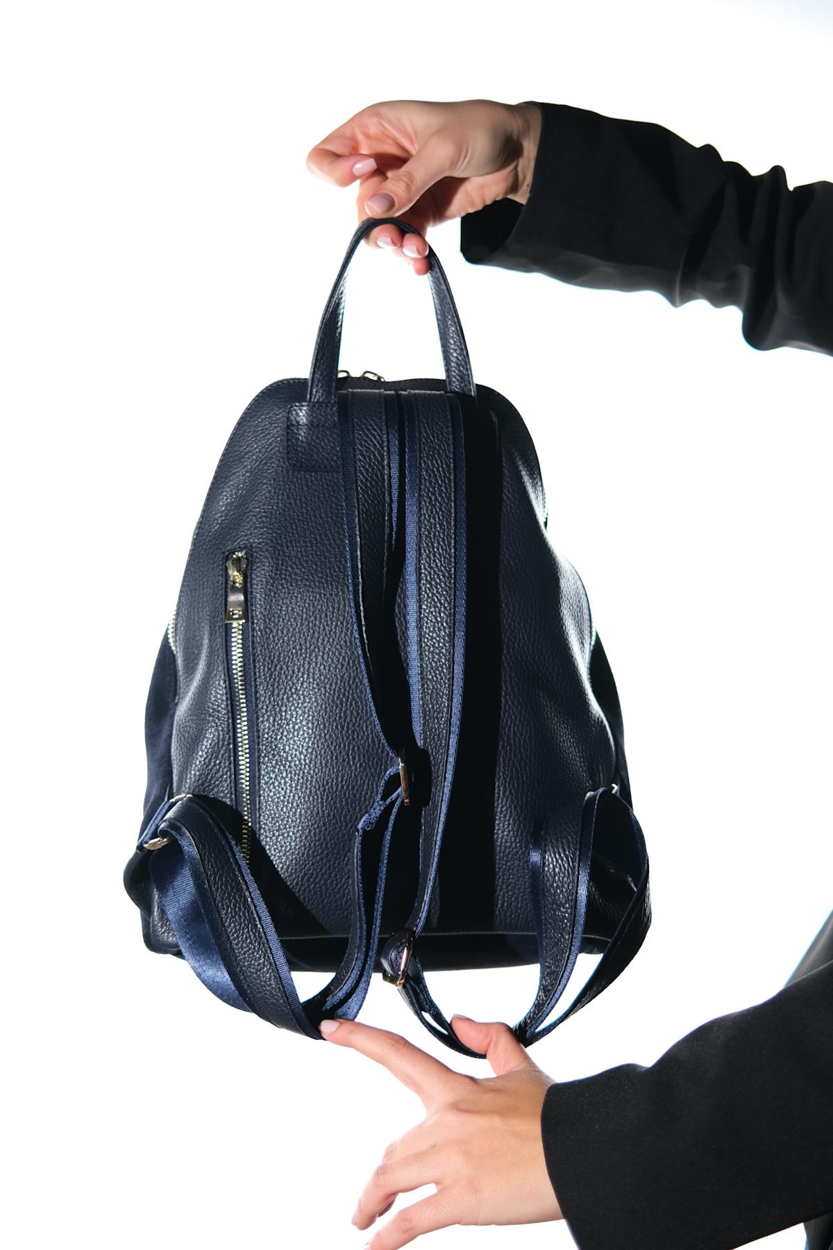 JOSH - Navy Genuine Suede Leather Backpack – heel view showing leather, suede, red, Vowalisse