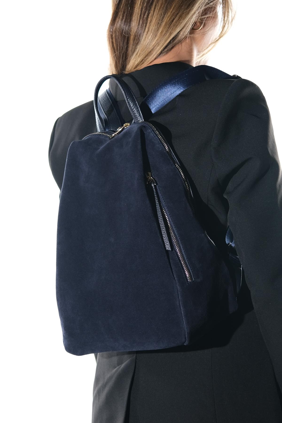 JOSH - Navy Genuine Suede Leather Backpack – back view showing leather, suede, red, Vowalisse