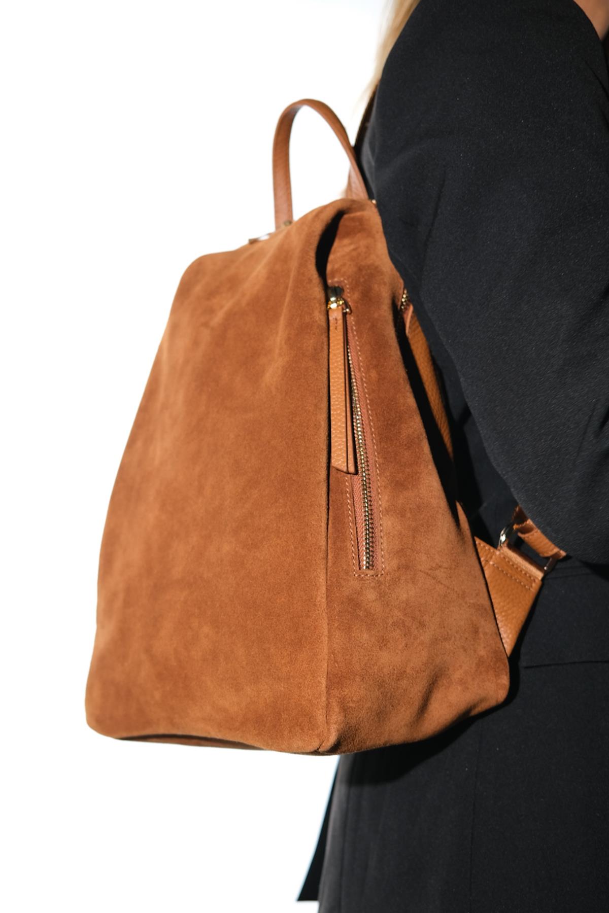 JOSH - Cognac Genuine Suede Leather Backpack – front three-quarter view showing leather, suede, red, Vowalisse