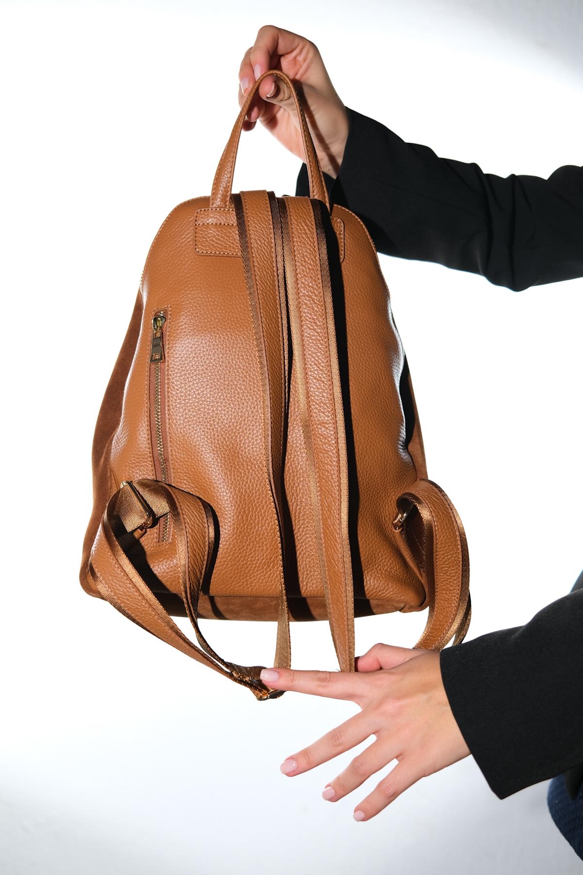 JOSH - Cognac Genuine Suede Leather Backpack – heel view showing leather, suede, red, Vowalisse