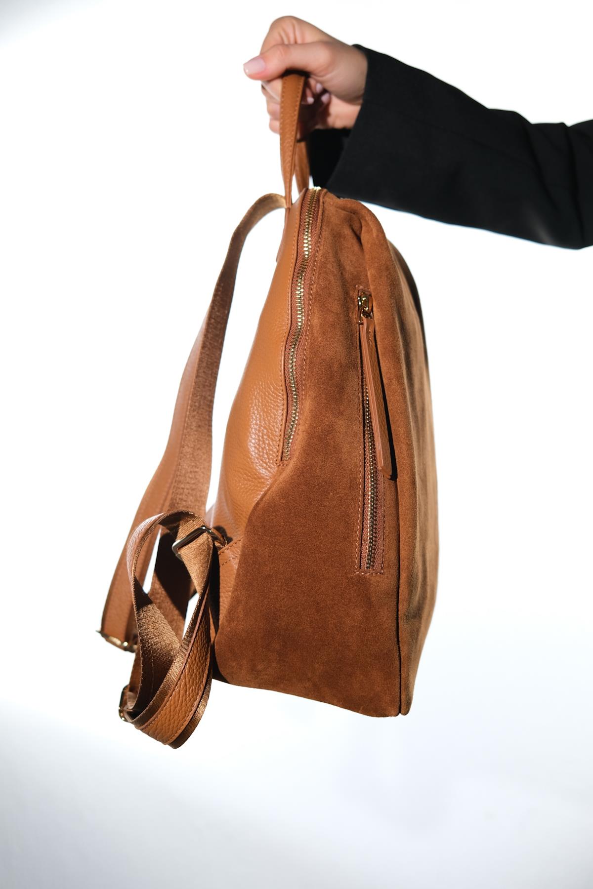 JOSH - Cognac Genuine Suede Leather Backpack – back view showing leather, suede, red, Vowalisse