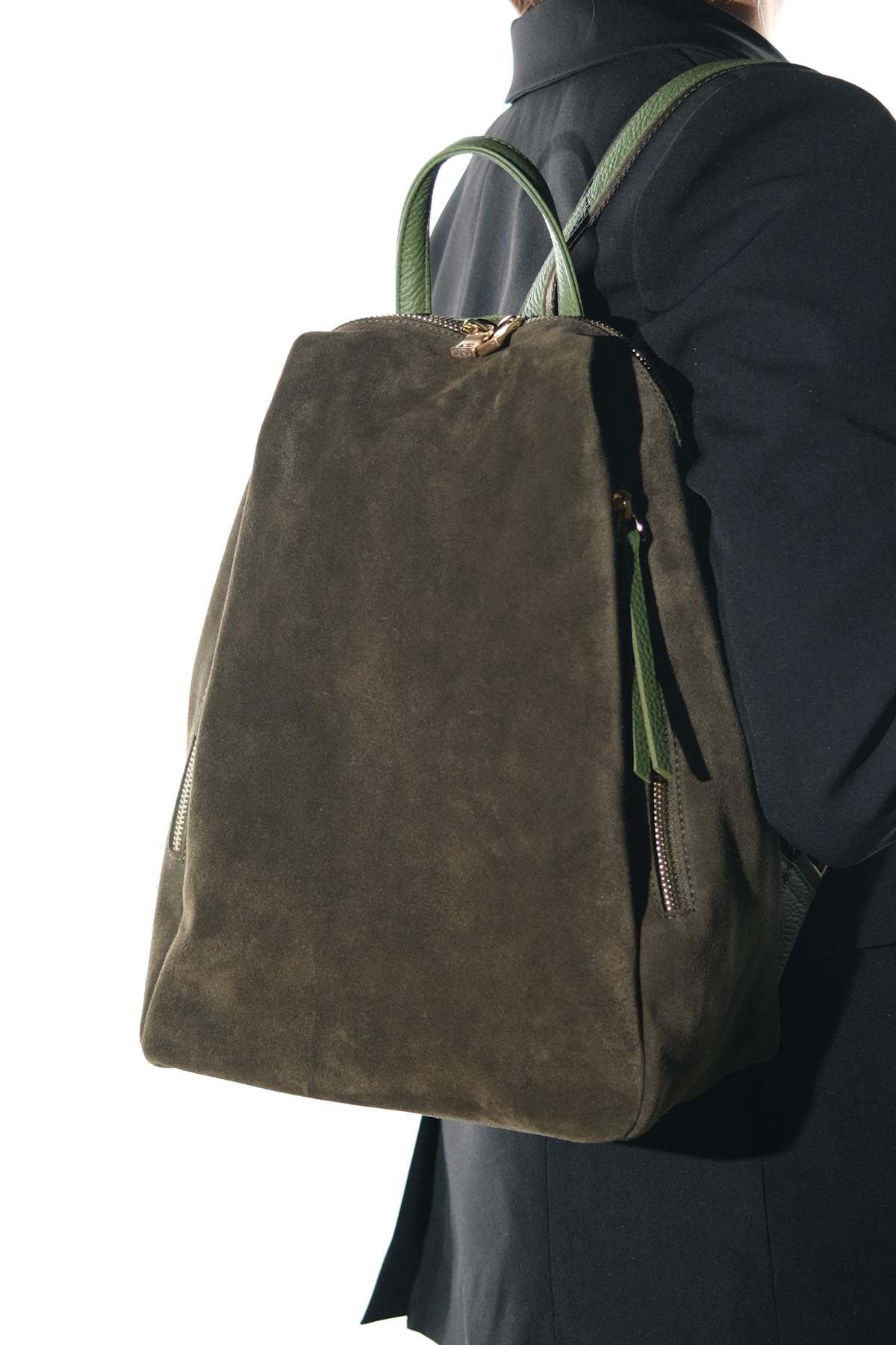 JOSH - Green Genuine Suede Leather Backpack – front three-quarter view showing leather, suede, red, Vowalisse
