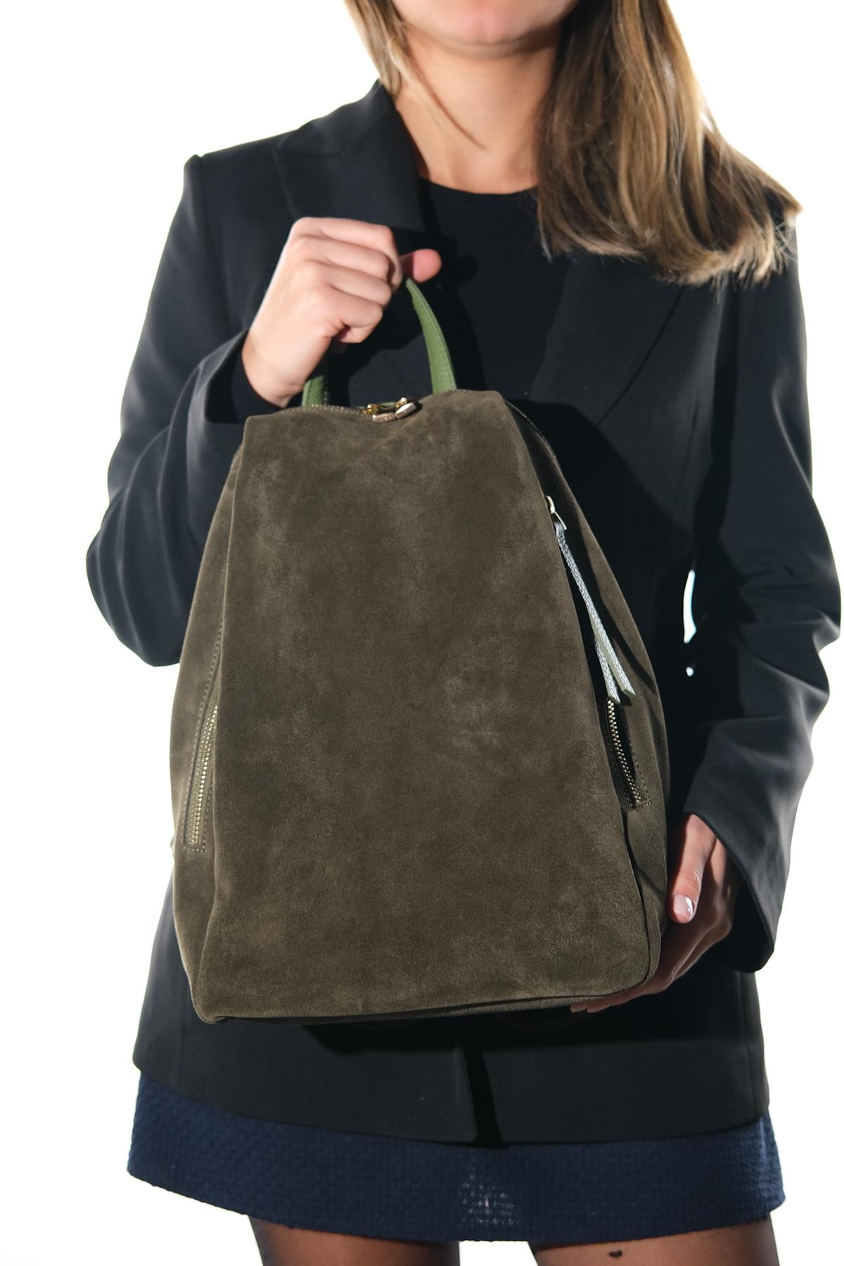 JOSH - Green Genuine Suede Leather Backpack – side view showing leather, suede, red, Vowalisse