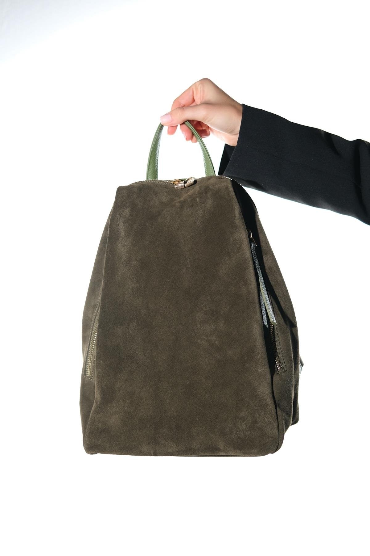 JOSH - Green Genuine Suede Leather Backpack – detail view showing leather, suede, red, Vowalisse