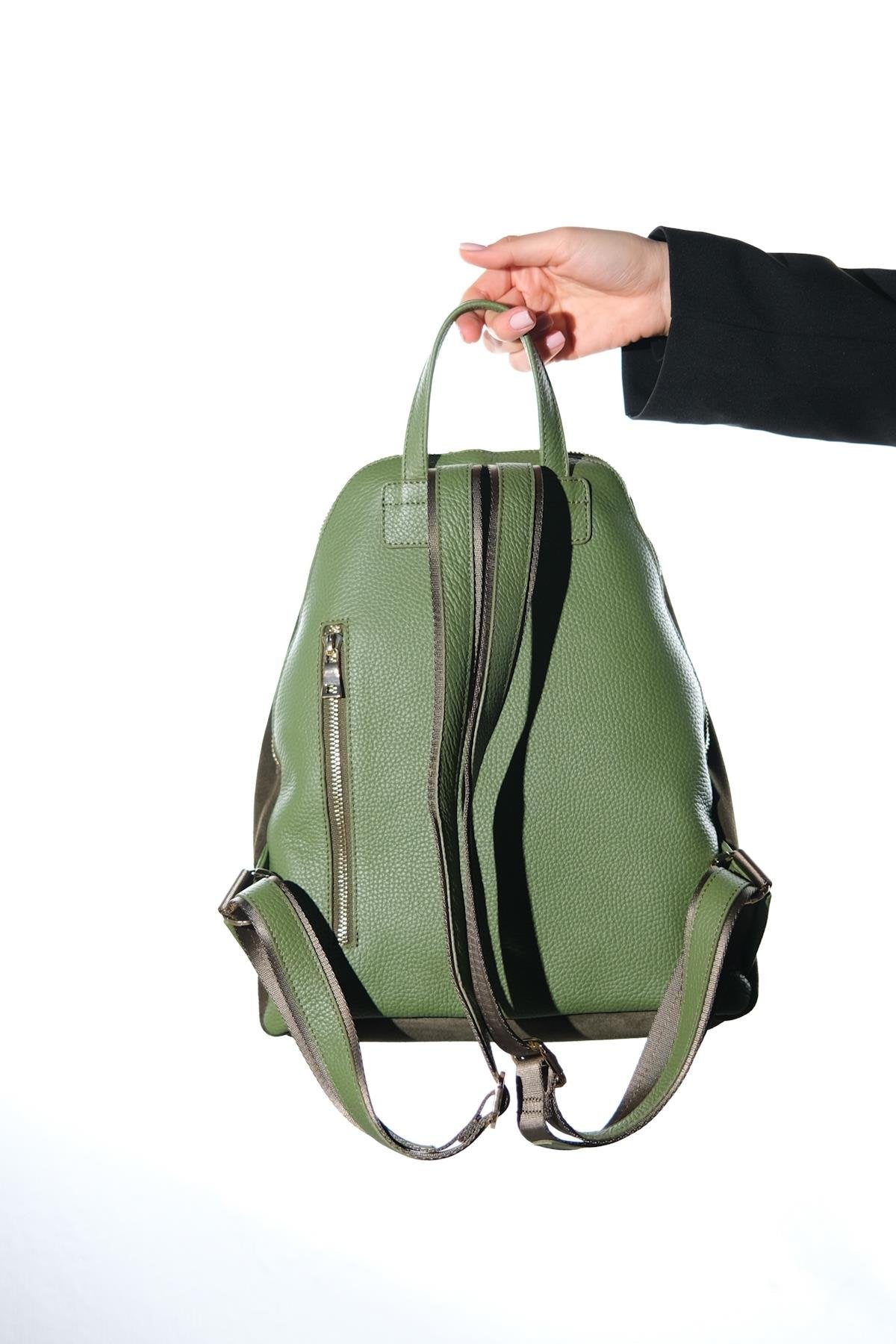 JOSH - Green Genuine Suede Leather Backpack – heel view showing leather, suede, red, Vowalisse