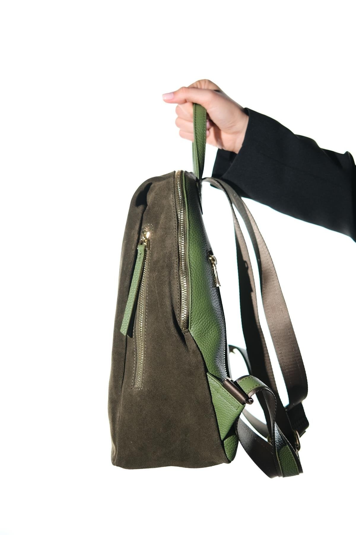 JOSH - Green Genuine Suede Leather Backpack – back view showing leather, suede, red, Vowalisse