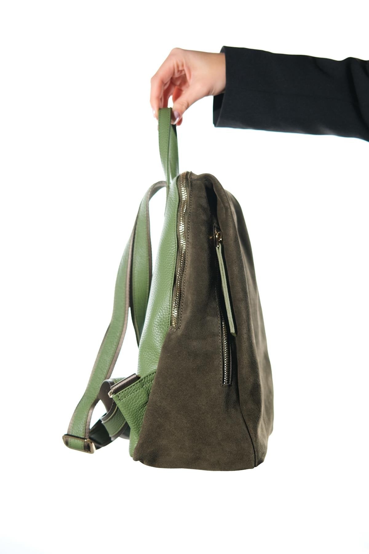JOSH - Green Genuine Suede Leather Backpack – top view showing leather, suede, red, Vowalisse