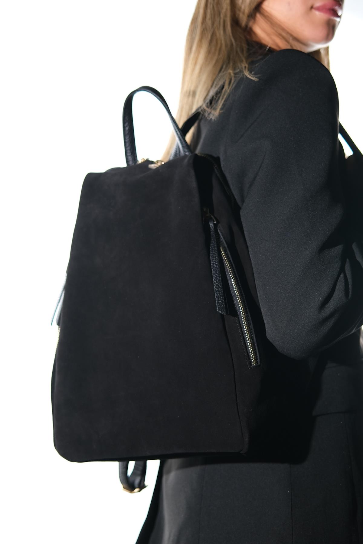 JOSH - Black Genuine Suede Leather Backpack – front three-quarter view showing leather, suede, black, Vowalisse