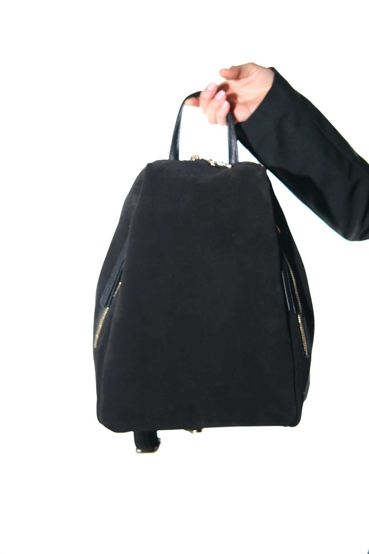 JOSH - Black Genuine Suede Leather Backpack – detail view showing leather, suede, black, Vowalisse