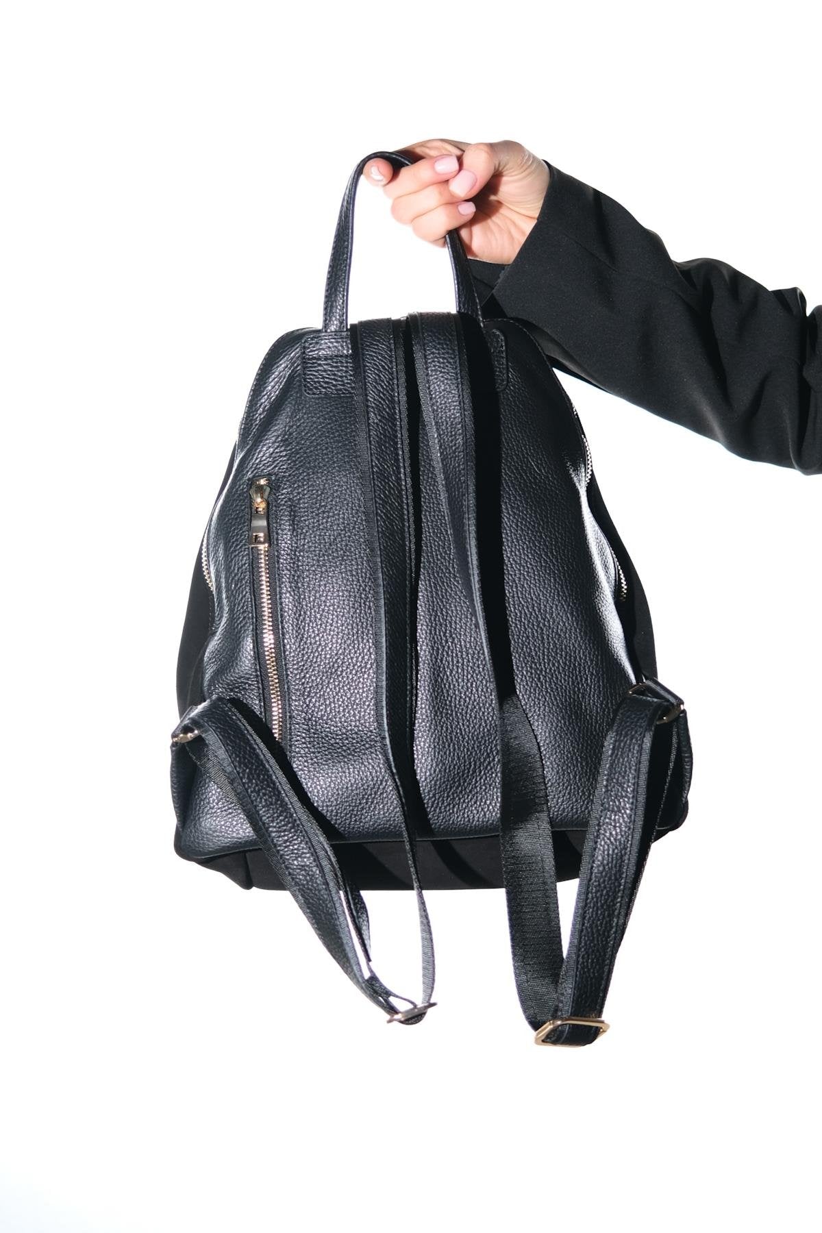 JOSH - Black Genuine Suede Leather Backpack – heel view showing leather, suede, black, Vowalisse