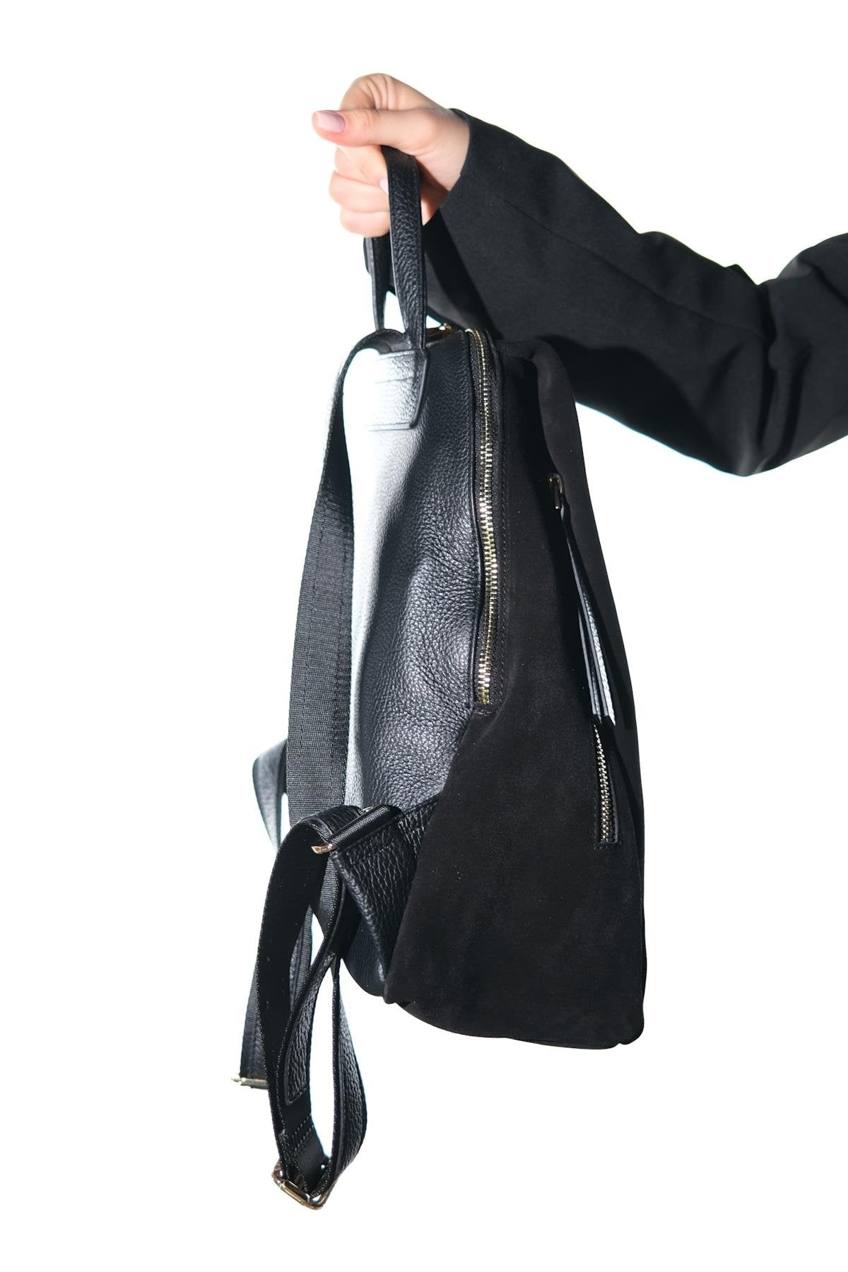 JOSH - Black Genuine Suede Leather Backpack – back view showing leather, suede, black, Vowalisse