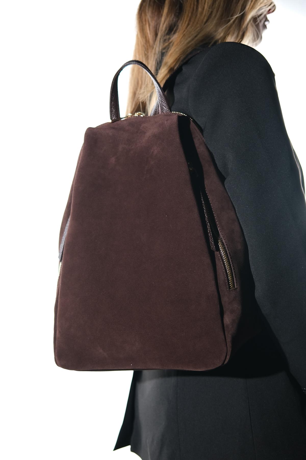 JOSH - Brown Genuine Suede Leather Backpack – front three-quarter view showing leather, suede, Vowalisse