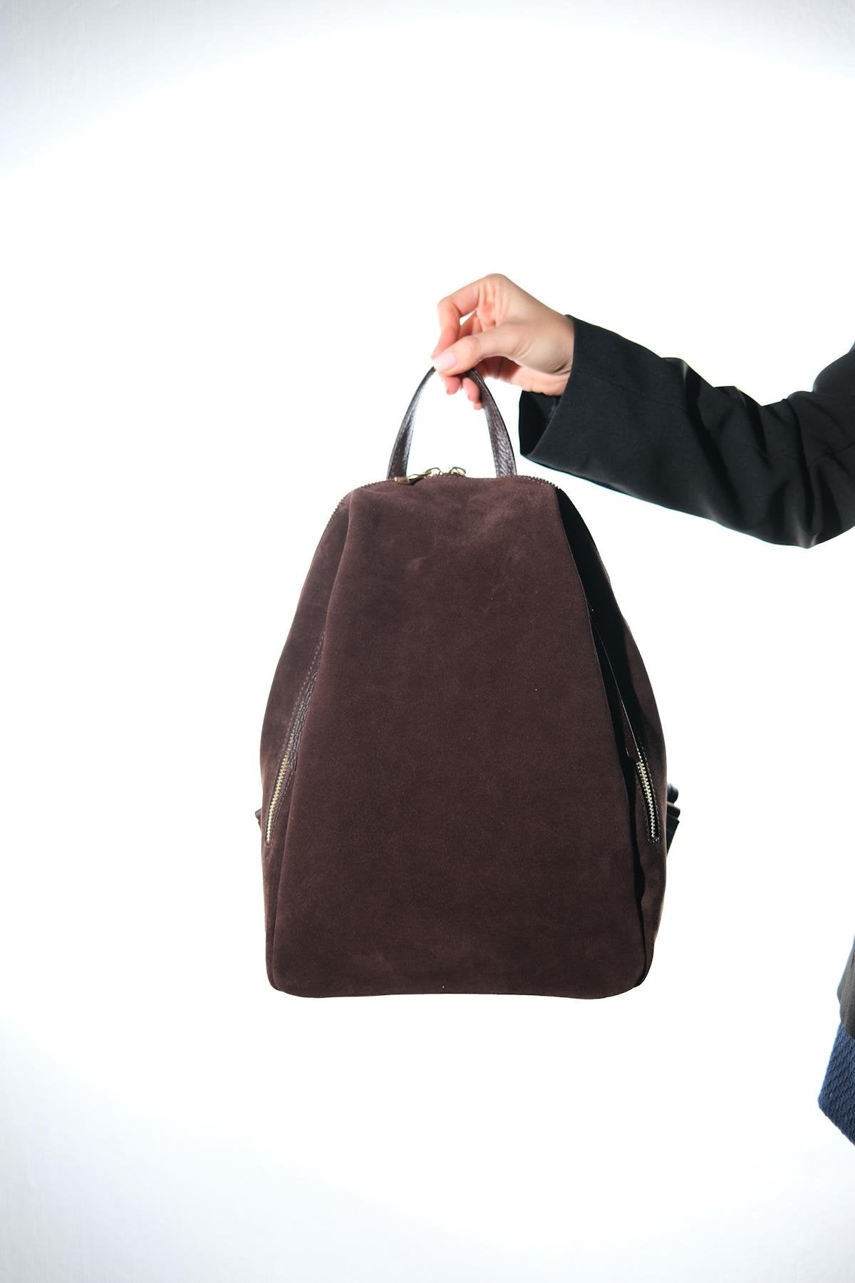 JOSH - Brown Genuine Suede Leather Backpack – detail view showing leather, suede, Vowalisse