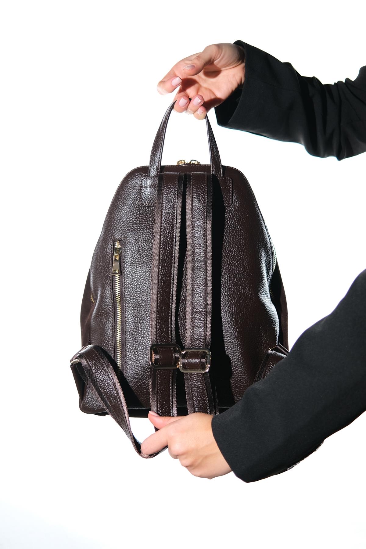 JOSH - Brown Genuine Suede Leather Backpack – heel view showing leather, suede, Vowalisse