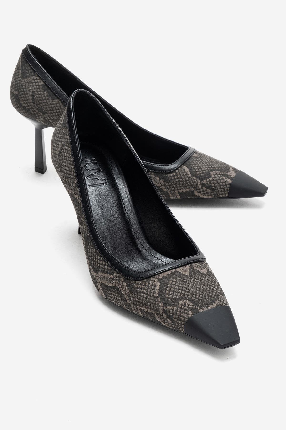 RONA - Gray Patterned Pointed Toe Stiletto Pump – front three-quarter view showing leather, Vowalisse